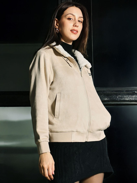 Campus Sutra Saltbox Women Spread Collar Solid Lightweight Bomber Jacket