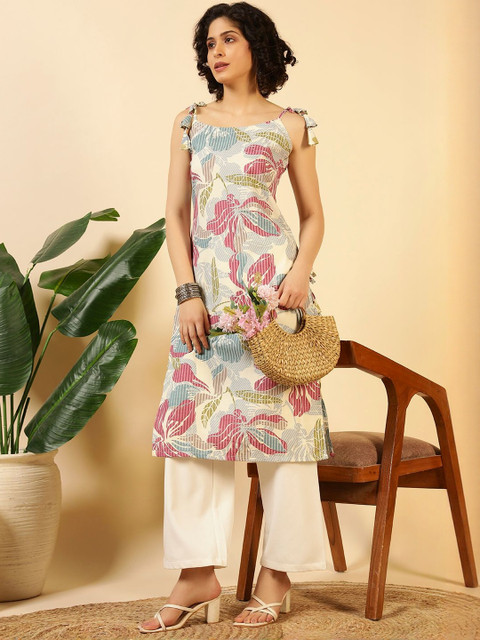 LIPS CROWN Women Floral Printed Shoulder Straps Pure Cotton Straight Kurti with Tie-Ups