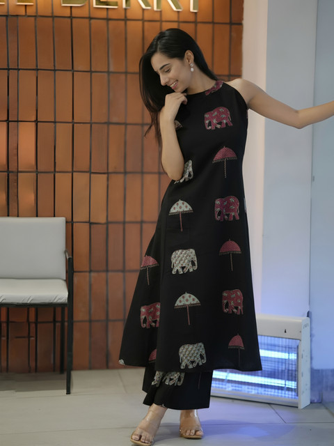 Aaghnya Ethnic Motifs Printed Round Neck A-Line Kurta With Palazzos