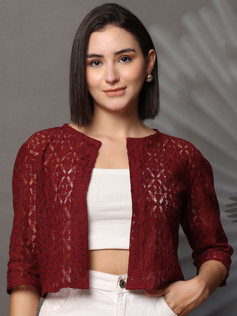 UnaOne Self Design Embroidered Lace Cotton Front Open Front Shrug