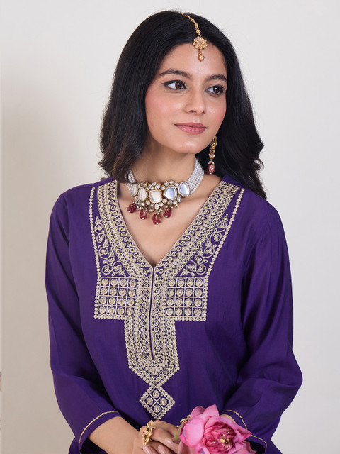 Indo Era V-Neck Embroidered Tunic With Trousers