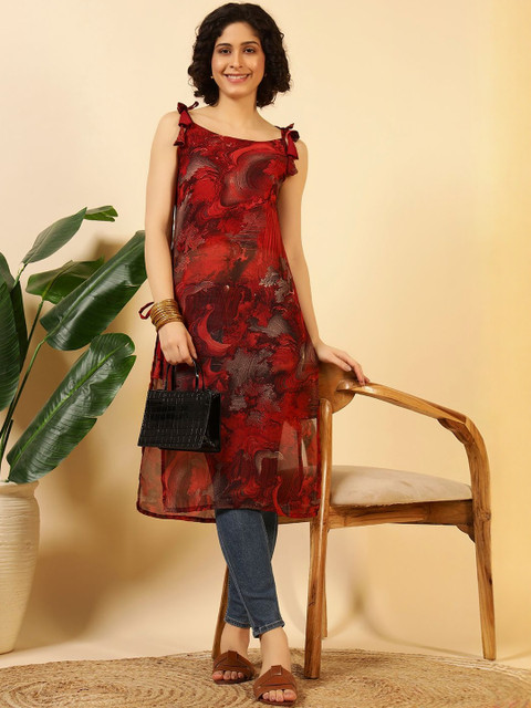 LIPS CROWN Women Abstract Printed Shoulder Straps Sleeveless Straight Kurti