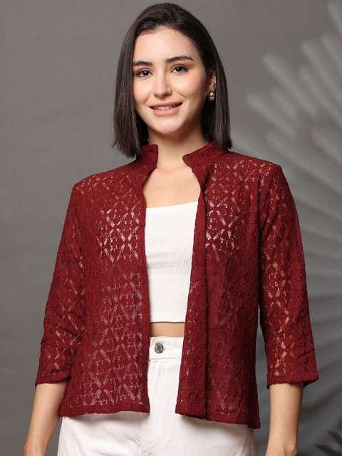 UnaOne Self Design Embroidered Front Open Front Collared Lace Cotton Shrug