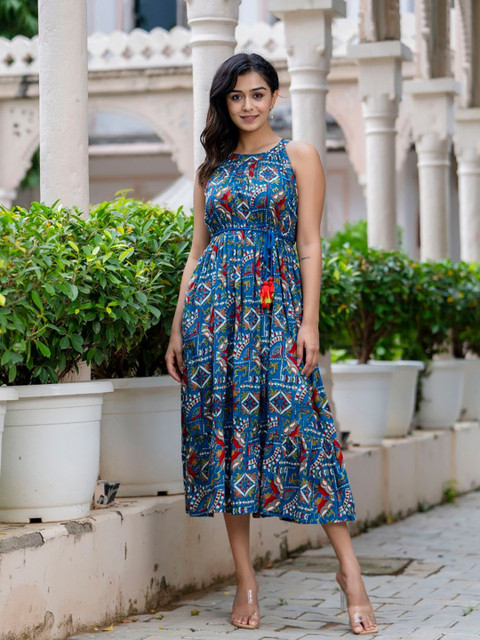 Demirner Floral Printed Round Neck Tie-Ups Fit And Flare Dress