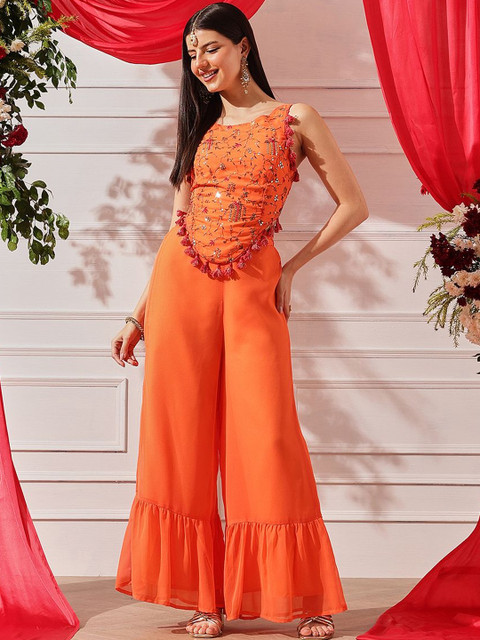 indo street Women Embroidered Sleeveless Top With Palazzos Co-Ords