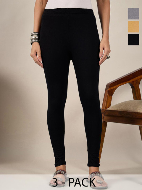 DIMPY GARMENTS Women Pack Of 3 Mid-Rise Pure Cotton Ankle-Length Leggings