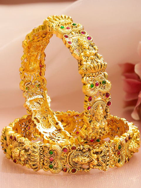 Rubans Set of 2 24K Gold-Plated Ruby & Green Stones Divine Lakshmi Temple Bangles