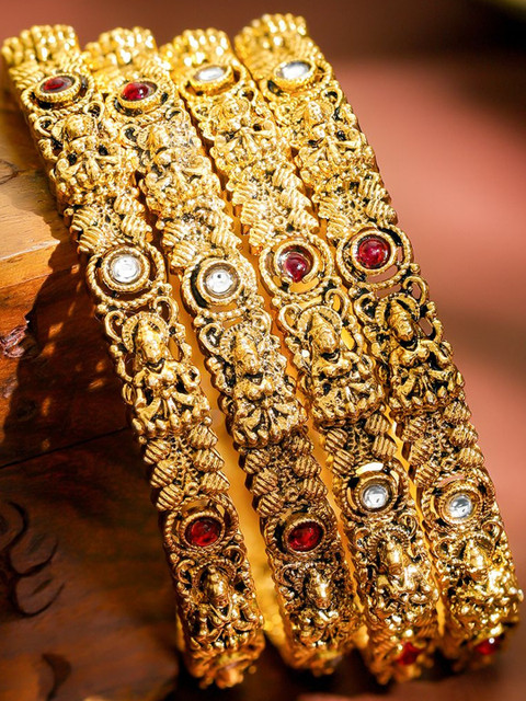Rubans Set of 4 22K Gold-Plated Brass Red & White Stones Temple Heritage Bangles