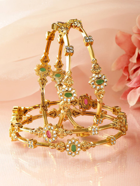 Rubans Set of 4 18K Gold-Plated Ruby Pink & Green Stone Temple-Inspire Bangles