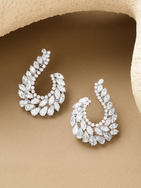 Rubans Rhodium-Plated Crystal AD Studded Leaf Shaped Studs