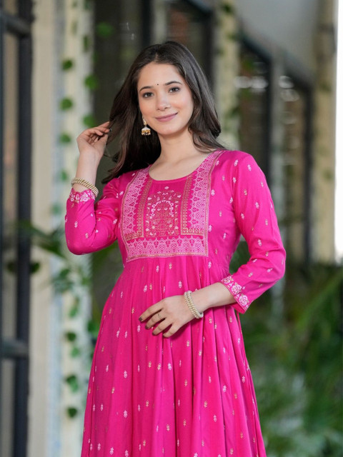 Koshiks Ethnic Motifs Printed Round Neck Tiered Anarkali Kurta - Image 6
