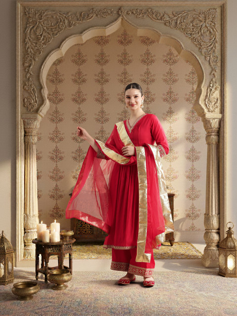 House of Pataudi Ethnic Motifs Embroidered A-Line Jashn Kurta With Palazzos & Dupatta