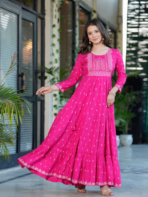Koshiks Ethnic Motifs Printed Round Neck Tiered Anarkali Kurta - Image 5