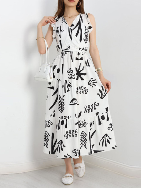 PIMU Women Abstract Printed V-Neck Flutter Sleeve Wrap Midi Dress