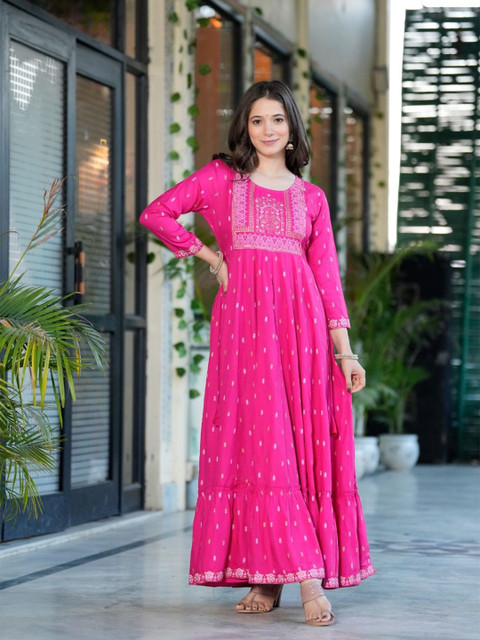 Koshiks Ethnic Motifs Printed Round Neck Tiered Anarkali Kurta - Image 3