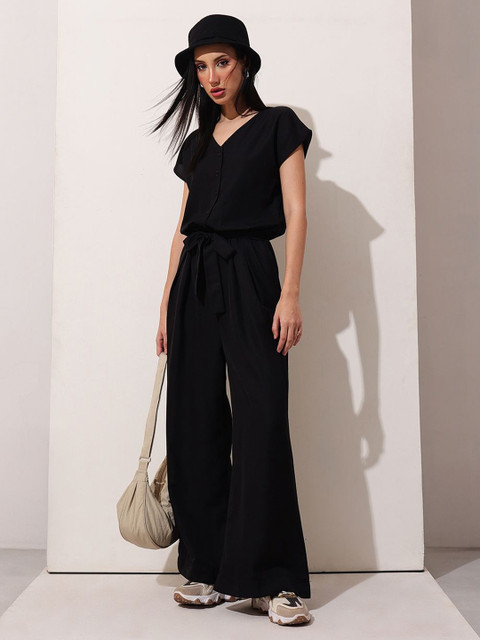 STREET 9 V-Neck Short Sleeves Relaxed Fit Basic Jumpsuit