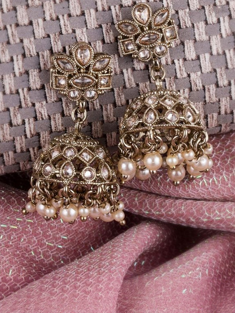 SALONI FASHION JEWELLERY Gold-Plated Kundan Studded Dome Shaped Jhumkas