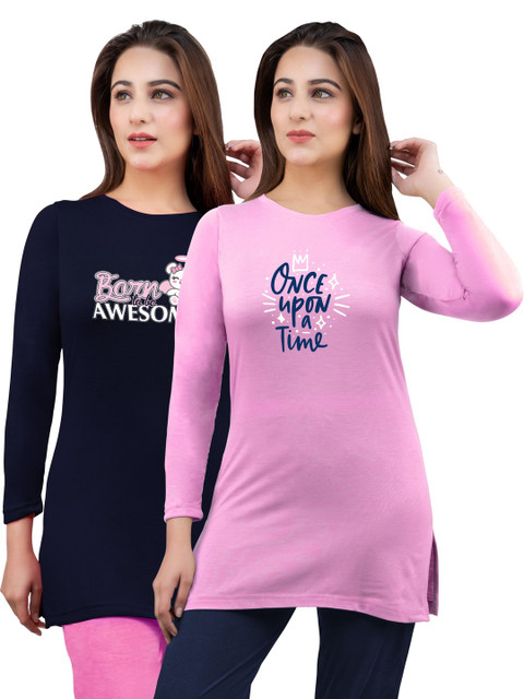 URBE-URBAN EVOLUTION Pack Of 2 Printed Cotton Round Neck Lounge T-Shirts