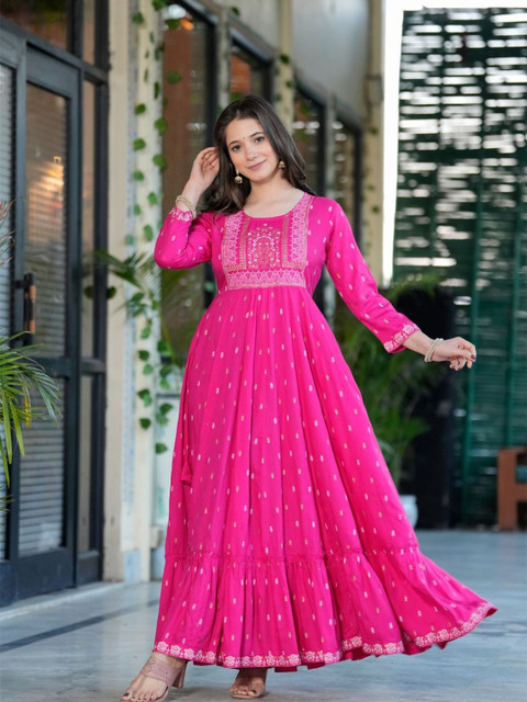 Koshiks Ethnic Motifs Printed Round Neck Tiered Anarkali Kurta - Image 4