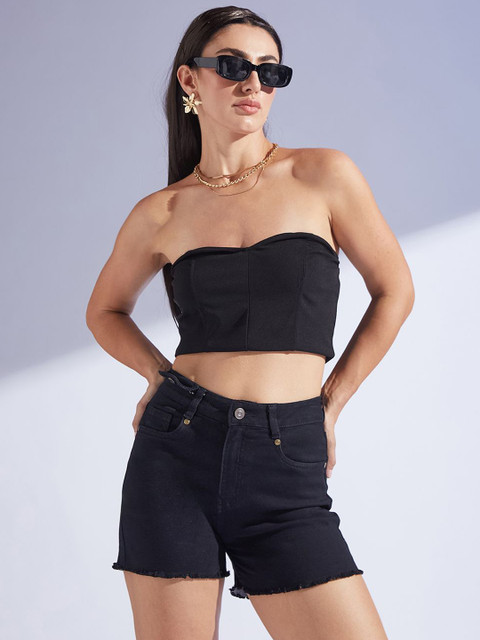 Miss Chase Women Relaxed Fit High Rise Clean Look Regular Length Stretchable Denim Shorts