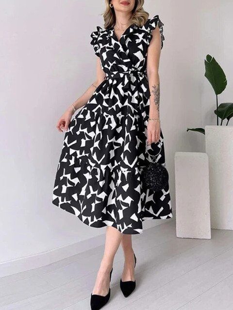 PIMU Women Abstract Printed Flutter Sleeve Wrap Midi Dress