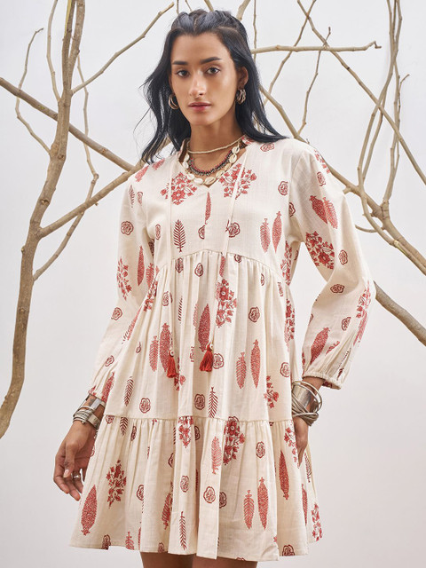 Vara By Vishudh Women Ethnic Motifs Print Tie-Up Neck Fit & Flare Mini Dress