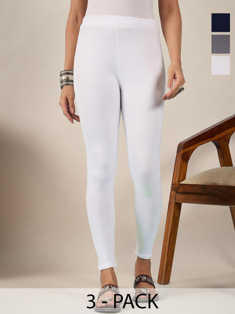 BUY NEW TREND Women Pack Of 3 Mid-Rise Pure Cotton Ankle-Length Leggings