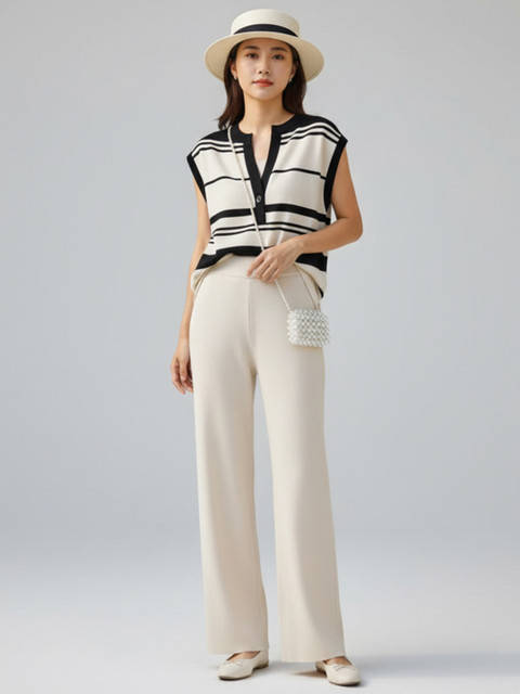 HERE&NOW Striped Sleeveless Mandarin Collar Top With Trousers