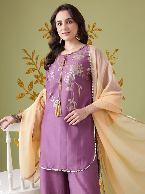 Anouk Floral Print Sequinned Kurta with Palazzos & Dupatta