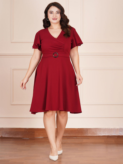 AMEEZA Plus Size V-Neck Flared Sleeves Fit & Flare Dress