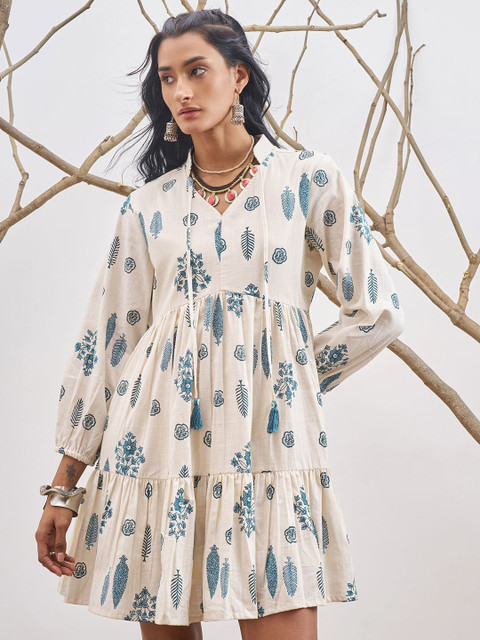 Vara By Vishudh Women Ethnic Motifs Printed Puff Sleeve Cotton Tiered A-Line Dress