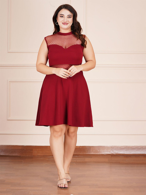 AMEEZA Women Plus Size Self Design High Neck Cotton Fit & Flare Dress