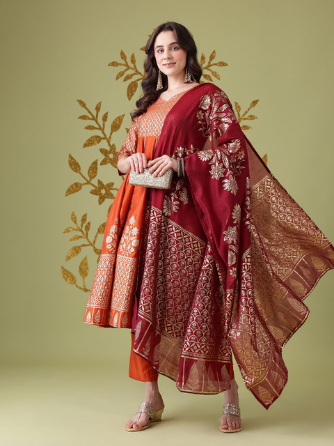 Anouk Women Floral Printed Panelled Gotta Patti Detail Kurta with Trousers & Dupatta