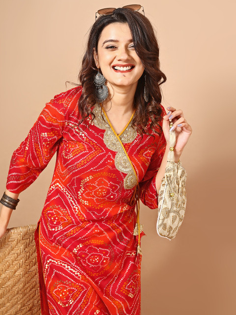 Sangria Red Bandhani Printed Angrakha Sequined Straight Kurta