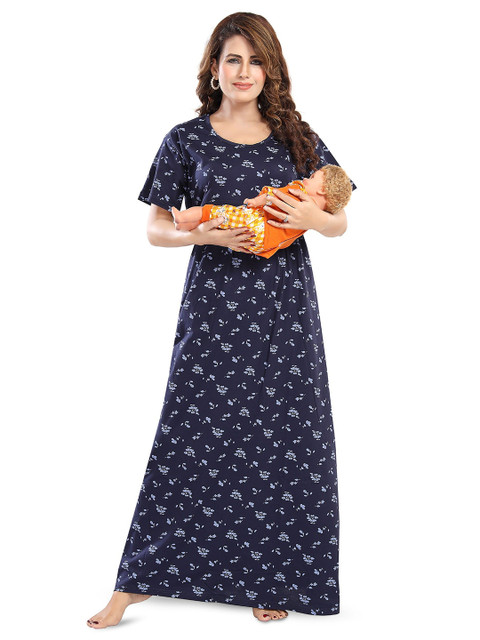 Fabme Women Printed Maternity Maxi Nightdress