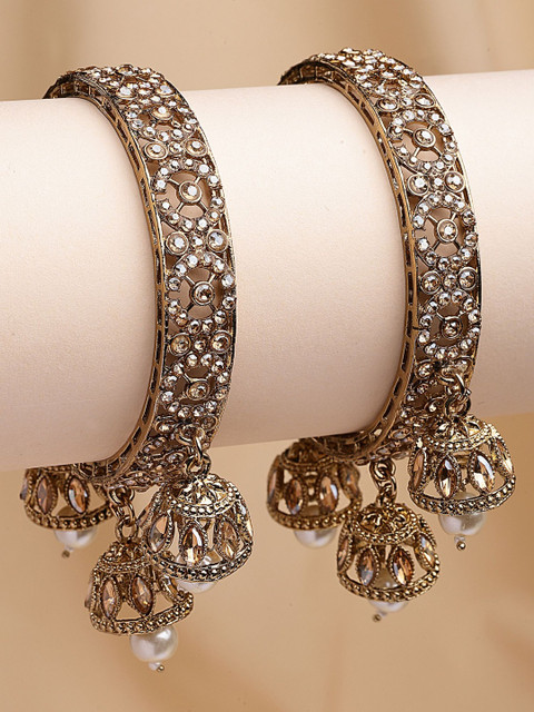 KARATCART Set Of 2 Gold-Plated Stone-Studded & Beaded Jhumka Bangles