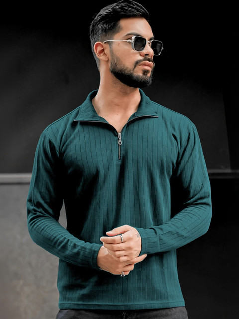 KAJARU Men Self Design Polo Collar Zipper T-shirt