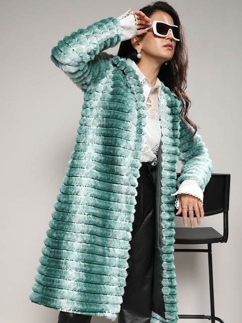 Campus Sutra Women Striped Shawl Collar Overcoats - Image 6
