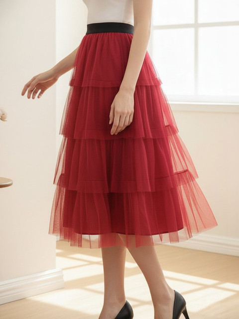 U&F Net High-Rise Layered A-line Knee-Length Skirt