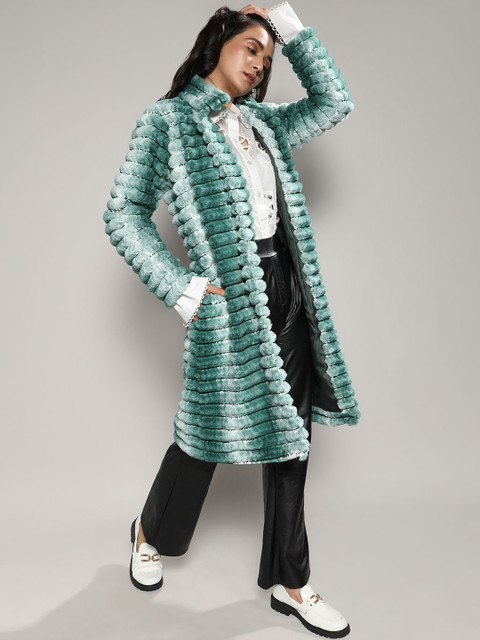 Campus Sutra Women Striped Shawl Collar Overcoats - Image 5