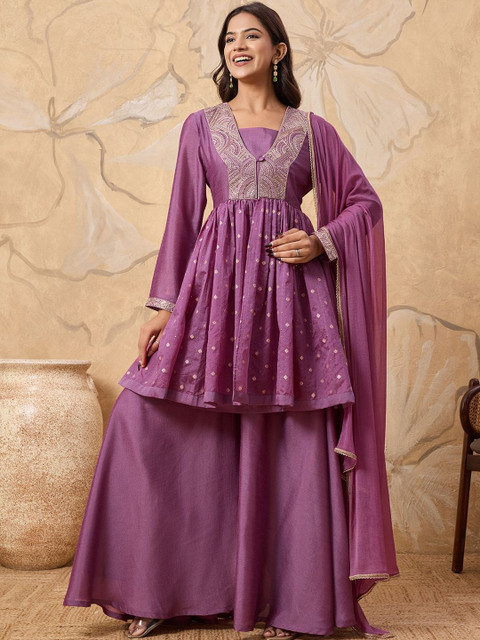 House of Pataudi Embroidered A-Line Kurta & Sharara With Dupatta