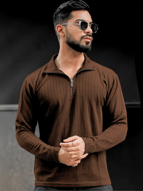 KAJARU Men Regular Fit Striped Self Design Long Sleeve Polo Collar T-shirt