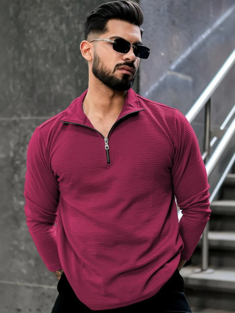 KAJARU Men Polo Collar Self Design Regular Fit Long Sleeves T-shirt