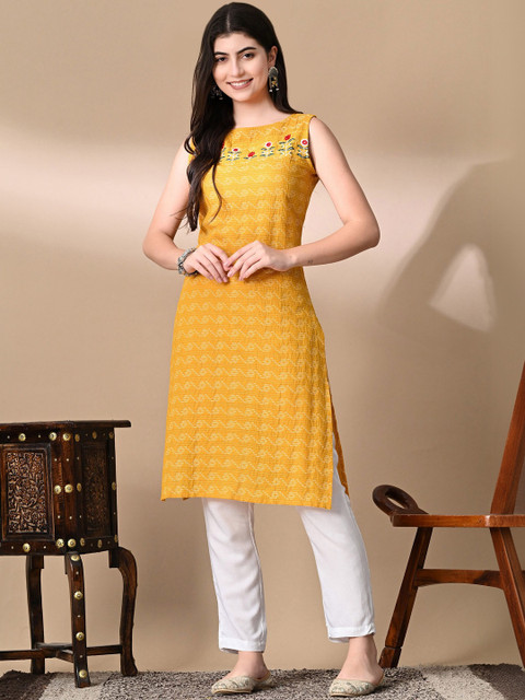 KAMAKSHI Ethnic Motifs Printed Boat Neck Thread Work Pure Cotton Thread Work Kurti