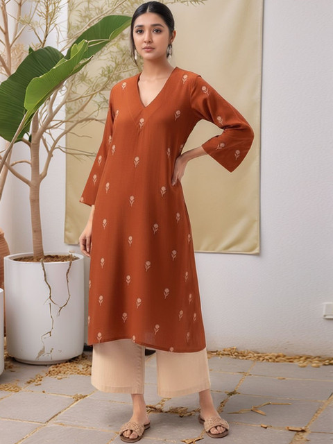 SZN Floral Printed Three-Quarter Sleeves Straight Kurta With Palazzos - Image 5