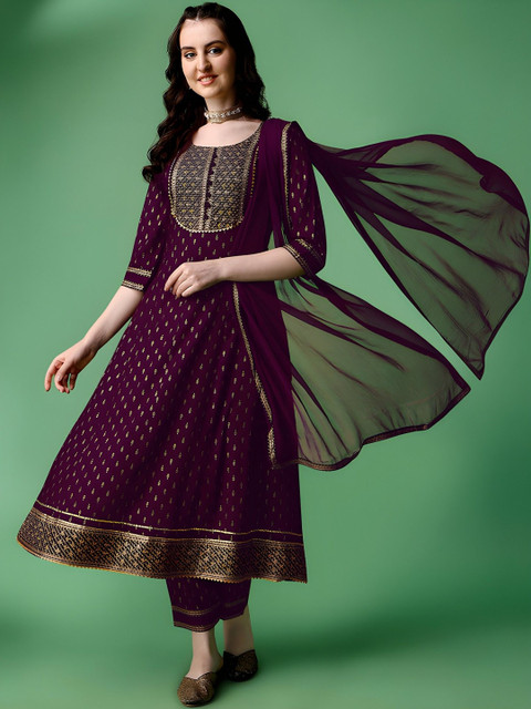 QUEENSFAB Ethnic Motifs Yoke Design Panelled Gotta Patti Kurta With Trousers & Dupatta