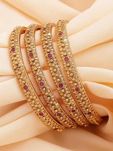 KARATCART Set Of 4 Gold-Plated Floral Design Stone-Studded Bangles