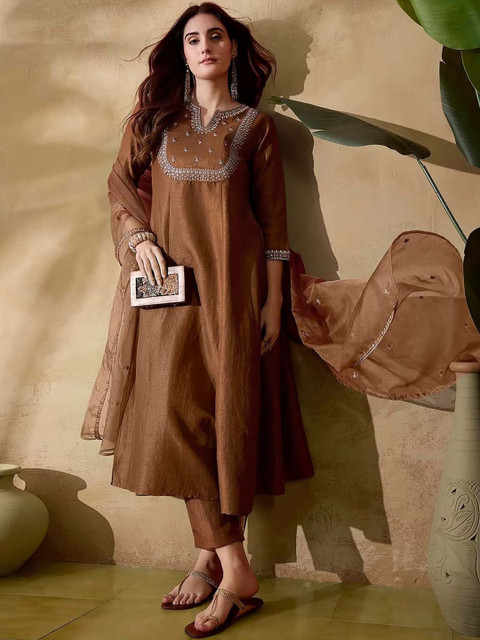 STYLENZA Ethnic Motifs Embroidered Thread Work A-Line Kurta With Trousers & Dupatta