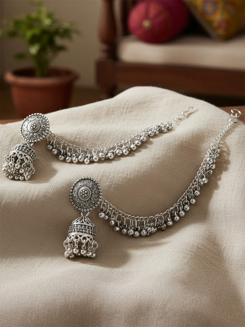 PRIVIU Silver-Plated Dome Shaped Jhumkas With Hair Chain