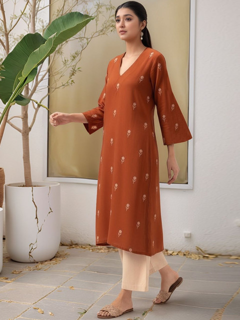 SZN Floral Printed Three-Quarter Sleeves Straight Kurta With Palazzos - Image 4
